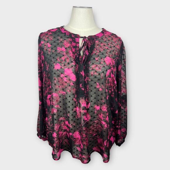 Torrid Womens Sheer Swiss Velvet Dot Floral Top Size 2X Black Pink Fairy Grunge - Picture 8 of 10